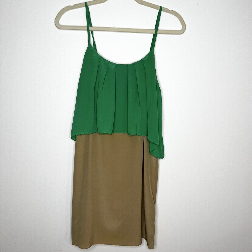 Greylin Melinda Silk Color Block Dress Green Tan Women’s M
